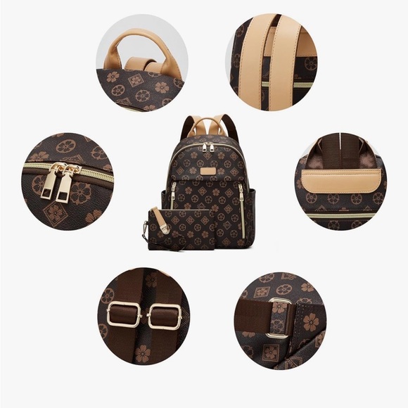 Elegant Brown Patterned Women's Backpack Set - Picture 4 of 5